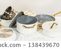 Various components of a ceramic cookware set including pots, lids, steamer insert, and frying pans laid out separately for display. Useful for tutorials, blogs, or sales pages. 138439670