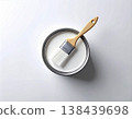 Repair work. Can of white paint and a paintbrush on a white background. Top view. 138439698