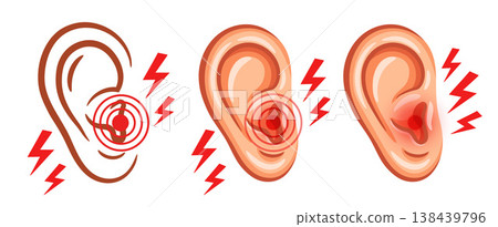 Ear pain, earache, human hearing organ health, otitis inflammation disease, deafness medical treatment, listen loud noise icon. Audible sound sensory perception problem. Ache, tinnitus symptom vector Ear pain, earache, human hearing organ health, otitis inflammation disease, deafness medical treatment, listen loud noise icon. Audible sound sensory perception problem. Ache, tinnitus symptom vector 138439796