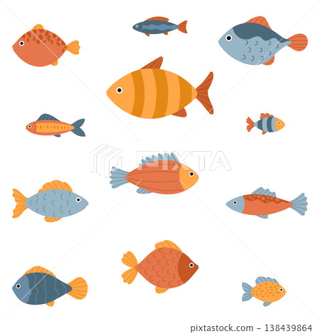 Cute fish clipart set, ocean animals collection, marine cartoon fish vector elements Cute fish clipart set, ocean animals collection, marine cartoon fish vector elements 138439864