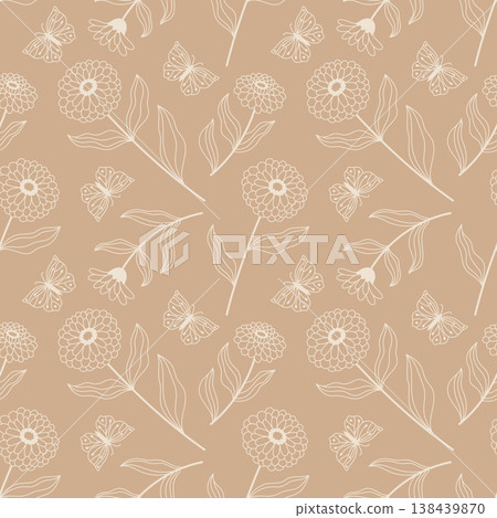 Seamless line art floral pattern with butterflies on beige background 138439870