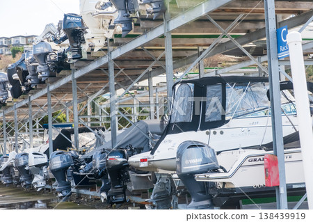 Edmonds, Marina Beach Park, WA, 03.13.2025 - boats with engines in a multi-level parking lot Edmonds, Marina Beach Park, WA, 03.13.2025 - boats with engines in a multi-level parking lot 138439919