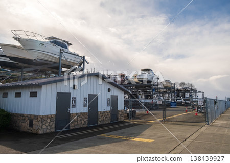 Edmonds, Marina Beach Park, WA, 03.13.2025 - boats with engines in a multi-level parking lot Edmonds, Marina Beach Park, WA, 03.13.2025 - boats with engines in a multi-level parking lot 138439927