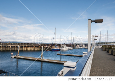 Edmonds, Marina Beach Park, WA, 03.13.2025 - boats are moored at the parking lot Edmonds, Marina Beach Park, WA, 03.13.2025 - boats are moored at the parking lot 138439942