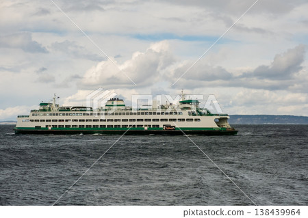 Edmonds, Marina Beach Park, WA, 03.13.2025 - a ferry carrying cars across the bay 138439964
