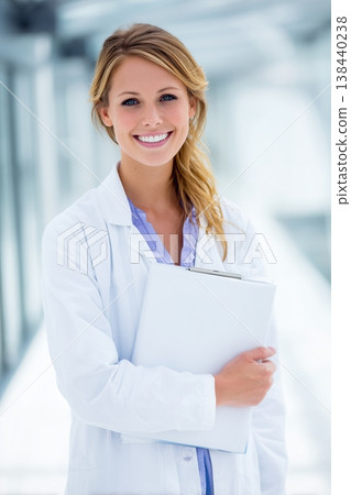 身穿白大褂的微笑女醫生和醫務人員肖像 138440238