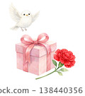 White bird, present, and carnation watercolor illustration. Mother's Day gift idea. Cute, natural design. 138440356