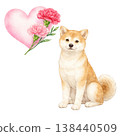 Shiba Inu, carnations, and hearts watercolor illustration. A cute, natural design perfect for expressing love and gratitude on Mother's Day. 138440509