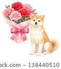 Shiba Inu and Carnation Bouquet Watercolor Illustration - Mother's Day Gift Material - Cute Natural Design 138440510