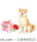 Shiba Inu, present, and carnation watercolor illustration. Cute Mother's Day gift material. Natural design. 138440511