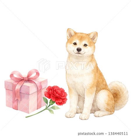柴犬、禮物和康乃馨水彩插畫。可愛的母親節禮物素材。自然風格。 柴犬、禮物和康乃馨水彩插畫。可愛的母親節禮物素材。自然風格。 138440511