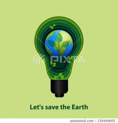 Happy Earth Day, April 22 Let s save the Earth Eco-friendly paper light bulb. Plants, green background, planet Earth. Template for a background, banner, postcard, or poster with text Happy Earth Day, April 22 Let s save the Earth Eco-friendly paper light bulb. Plants, green background, planet Earth. Template for a background, banner, postcard, or poster with text 138440605