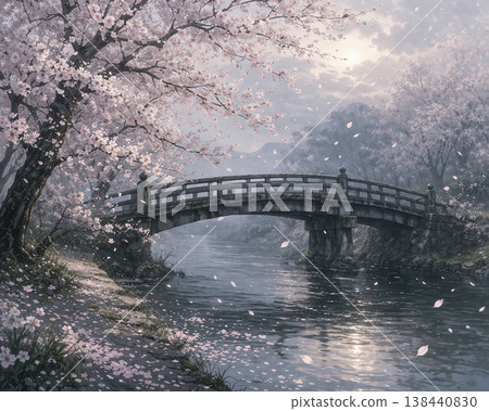 櫻花盛開，古色古香的橋樑，河面上漂浮著一簇簇櫻花。 138440830