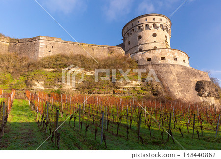 Marienberg Fortress tower above vineyard hillside in Wurzburg, Germany Marienberg Fortress tower above vineyard hillside in Wurzburg, Germany 138440862