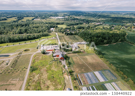 Countryside Farm Scene. Drone Captured Landscape Of Farm And Fields 138440922
