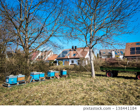 Colorful Beehives In Rural Garden Apiary: Backyard Beekeeping Scene With Solar Roof Houses In Bavaria Germany Colorful Beehives In Rural Garden Apiary: Backyard Beekeeping Scene With Solar Roof Houses In Bavaria Germany 138441184