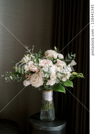Delicate Wedding Arrangement With Peonies And Eucalyptus Delicate Wedding Arrangement With Peonies And Eucalyptus 138441345