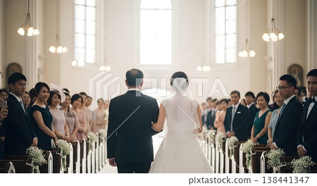 A moving wedding scene (AI generated) showing the bride walking arm-in-arm with her father in a church, bathed in soft light. 138441347
