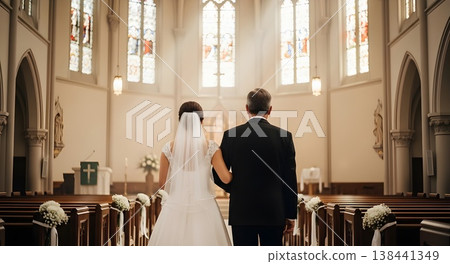 A moving wedding scene (AI generated) showing the bride walking arm-in-arm with her father in a church, bathed in soft light. 138441349