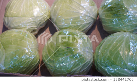 Packaged cabbages at a vegetable store Packaged cabbages at a vegetable store 138441703