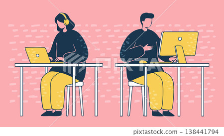 一幅輕鬆詼諧的流行插畫,描繪了一對男女在家或遠距辦公時專注地在電腦前工作的情景。 一幅輕鬆詼諧的流行插畫,描繪了一對男女在家或遠距辦公時專注地在電腦前工作的情景。 138441794