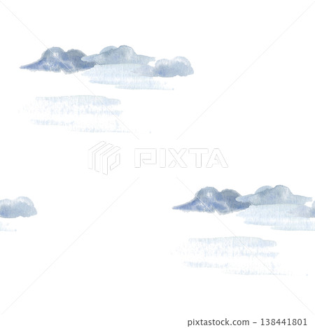 Minimal cloud seamless pattern with soft watercolor shapes on white background, hand painted sky illustration. Light airy repeat design for fabric, wallpaper, wrapping paper and packaging decor 138441801