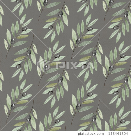 Elegant seamless olive branch pattern in watercolor style on warm gray textured background. Suitable for branding, packaging, textiles, stationery, wallpapers and modern lifestyle design projects 138441804