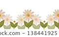 Light flowers, green leaves, simple ornament. Seamless border in flat style. Watercolor, pastel. Hand-drawn illustration. Design element for products 138441925