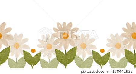 Light flowers, green leaves, simple ornament. Seamless border in flat style. Watercolor, pastel. Hand-drawn illustration. Design element for products Light flowers, green leaves, simple ornament. Seamless border in flat style. Watercolor, pastel. Hand-drawn illustration. Design element for products 138441925
