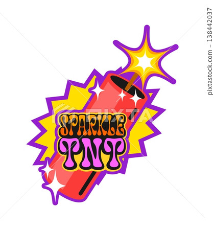 Sparkling dynamite bomb vintage Y2K sticker or label. Grenade Y2K vector patch, funny explosive isolated tag. TNT dynamite label with burning wick flame sparkle and colorful typography Sparkling dynamite bomb vintage Y2K sticker or label. Grenade Y2K vector patch, funny explosive isolated tag. TNT dynamite label with burning wick flame sparkle and colorful typography 138442037