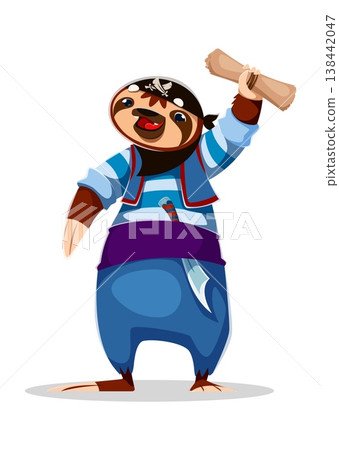 Cartoon sloth animal pirate crew character holding a scroll. Vector lazy and funny corsair wears a bandana, stands cheerfully with a saber on belt, ready for treasure hunt adventures on the high seas Cartoon sloth animal pirate crew character holding a scroll. Vector lazy and funny corsair wears a bandana, stands cheerfully with a saber on belt, ready for treasure hunt adventures on the high seas 138442047