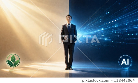 一位商業領袖站在未來與自然的十字路口 一位商業領袖站在未來與自然的十字路口 138442064