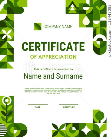 Ecology environment diploma certificate with green geometric pattern. Vector modern appreciation layout frame with a abstract natural elements like leaves and blooms. Vertical ecological document Ecology environment diploma certificate with green geometric pattern. Vector modern appreciation layout frame with a abstract natural elements like leaves and blooms. Vertical ecological document 138442082