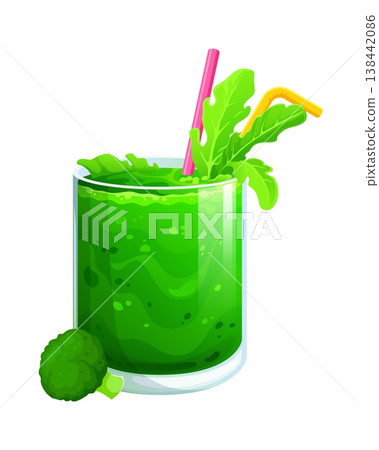 Green vegan smoothie drink filled with thick liquid and leafy herbs garnish with a piece of broccoli placed near the glass. Healthy drink for vegan diet. Cartoon vector detox smoothie drink Green vegan smoothie drink filled with thick liquid and leafy herbs garnish with a piece of broccoli placed near the glass. Healthy drink for vegan diet. Cartoon vector detox smoothie drink 138442086