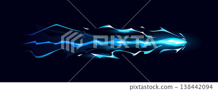 Cartoon blue game gun or glowing magic wizard power wave, vfx light effect. Vector neon magic light with abstract sparkle trail for combat game, animation or fx effects. Fantasy glow wave of energy. Cartoon blue game gun or glowing magic wizard power wave, vfx light effect. Vector neon magic light with abstract sparkle trail for combat game, animation or fx effects. Fantasy glow wave of energy. 138442094