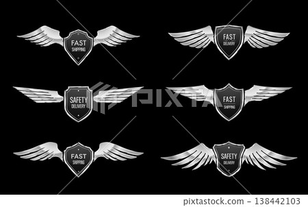 Award shield with silver wings, delivery and shipping label badges. Vector set of realistic premium transport symbols for fast shipping and safety delivery services, logistics and courier guarantees 138442103