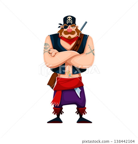 Cartoon pirate and corsair character. Bold sea raider captain with tattoos and sword. Vector confident nautical fantasy personage has fierce expression and crossed, ready for maritime sea adventure Cartoon pirate and corsair character. Bold sea raider captain with tattoos and sword. Vector confident nautical fantasy personage has fierce expression and crossed, ready for maritime sea adventure 138442104