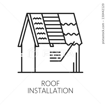 Home roof installation repair line icon or symbol. Cottage roofing construction service sign, house roof maintenance company vector icon. Property insulation repair outline symbol or pictogram 138442120