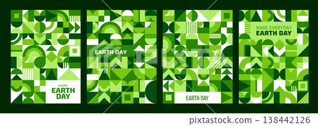 Earth Day posters with green geometric pattern. World environment, ecology, eco planet and nature abstract modern vector backgrounds with minimal geometric shapes mosaic for Happy Earth Day posters Earth Day posters with green geometric pattern. World environment, ecology, eco planet and nature abstract modern vector backgrounds with minimal geometric shapes mosaic for Happy Earth Day posters 138442126