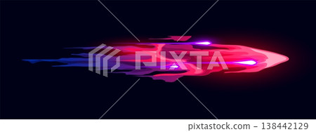 Fantasy cartoon game gun effect. Vector weapon trail with pink fire, a blue smoke trail, and glowing fiery sparks. Magical effect for enchanted weapon, fantasy gams or cosmic battle 138442129