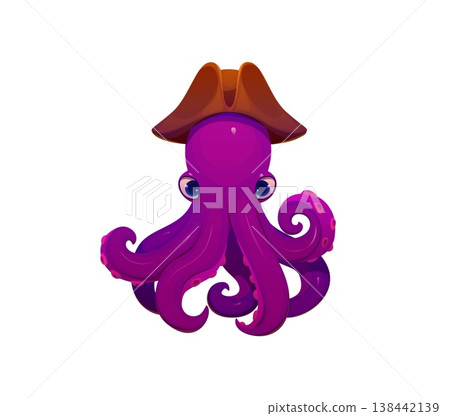 Cartoon octopus animal pirate character. Isolated vector purple comic kraken monster, sea devilfish or poulpe corsair personage with tentacles, wears captain tricorn hat, ready for high seas adventure 138442139