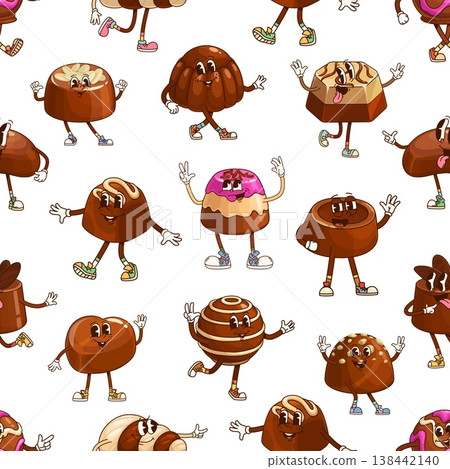 Groovy chocolate candy and sweets vector seamless pattern. Chocolate pralines, truffles, round candies, striped bonbons, nut topped sweets with cream, sprinkles, glossy glaze cartoon vector personages 138442140