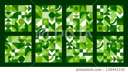 Ecology geometric pattern, environment green tiles, vector Earth Day, eco and nature conservation. Abstract patterns set of green geometric shapes mosaic with squares, circles, triangles and leaves Ecology geometric pattern, environment green tiles, vector Earth Day, eco and nature conservation. Abstract patterns set of green geometric shapes mosaic with squares, circles, triangles and leaves 138442142