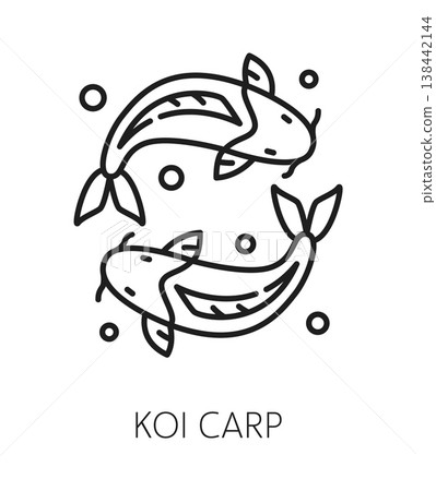 Japan koi carp, Asian travel line icon or sign. Japanese holiday travel sign, Asia culture trip outline vector icon. Asian country tour pictogram with two koi carp fishes swimming as yin yang symbol Japan koi carp, Asian travel line icon or sign. Japanese holiday travel sign, Asia culture trip outline vector icon. Asian country tour pictogram with two koi carp fishes swimming as yin yang symbol 138442144