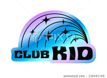 Club kid hologram retro Y2K sticker or symbol. Reflective holographic Y2K vintage sticker, gradient chrome hologram vector label. Metallic color foil patch with falling stars and retro typography Club kid hologram retro Y2K sticker or symbol. Reflective holographic Y2K vintage sticker, gradient chrome hologram vector label. Metallic color foil patch with falling stars and retro typography 138442149