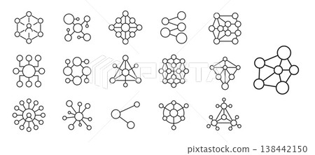 Network connect icons, business and social community, internet connection pictograms with circular nodes linked by lines. Linear vector signs of data, communication, ai, neural networks, blockchain Network connect icons, business and social community, internet connection pictograms with circular nodes linked by lines. Linear vector signs of data, communication, ai, neural networks, blockchain 138442150