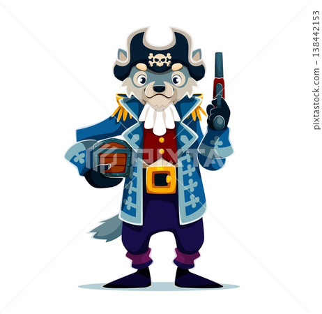 Cartoon wolf captain pirate character with grey fur, dressed in an elegant blue coat with gold decorations and tricorn hat. Corsair holds a treasure chest in one hand and pirate pistol in the other 138442153