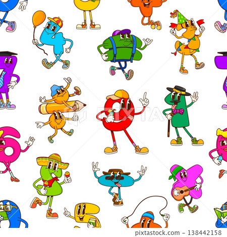 Cartoon math number groovy dancing characters vector seamless pattern background. Vector tile with cheerful digit y2k personages from zero to nine, colorful number strike dynamic poses and figures Cartoon math number groovy dancing characters vector seamless pattern background. Vector tile with cheerful digit y2k personages from zero to nine, colorful number strike dynamic poses and figures 138442158