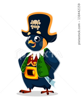 Cartoon penguin animal pirate crew character. Isolated vector bird corsair filibuster personage wearing a vest, captain cocked hat and gleaming cutlass tucked in a gold belt, ready for adventures 138442159