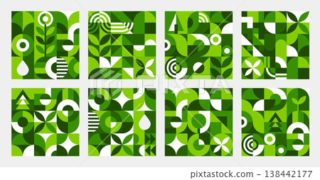 Ecology environment geometric nature pattern background. Abstract green leaf, flower and plant geometric shape patterns set for ecology, nature, biodiversity and organic agriculture themes Ecology environment geometric nature pattern background. Abstract green leaf, flower and plant geometric shape patterns set for ecology, nature, biodiversity and organic agriculture themes 138442177